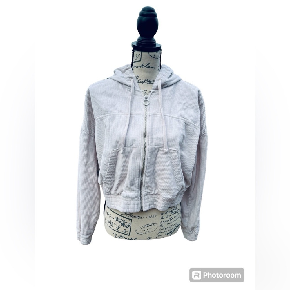 Hollister Cropped Jacket Hooded Corduroy  Full Zip Womens Large Ivory
